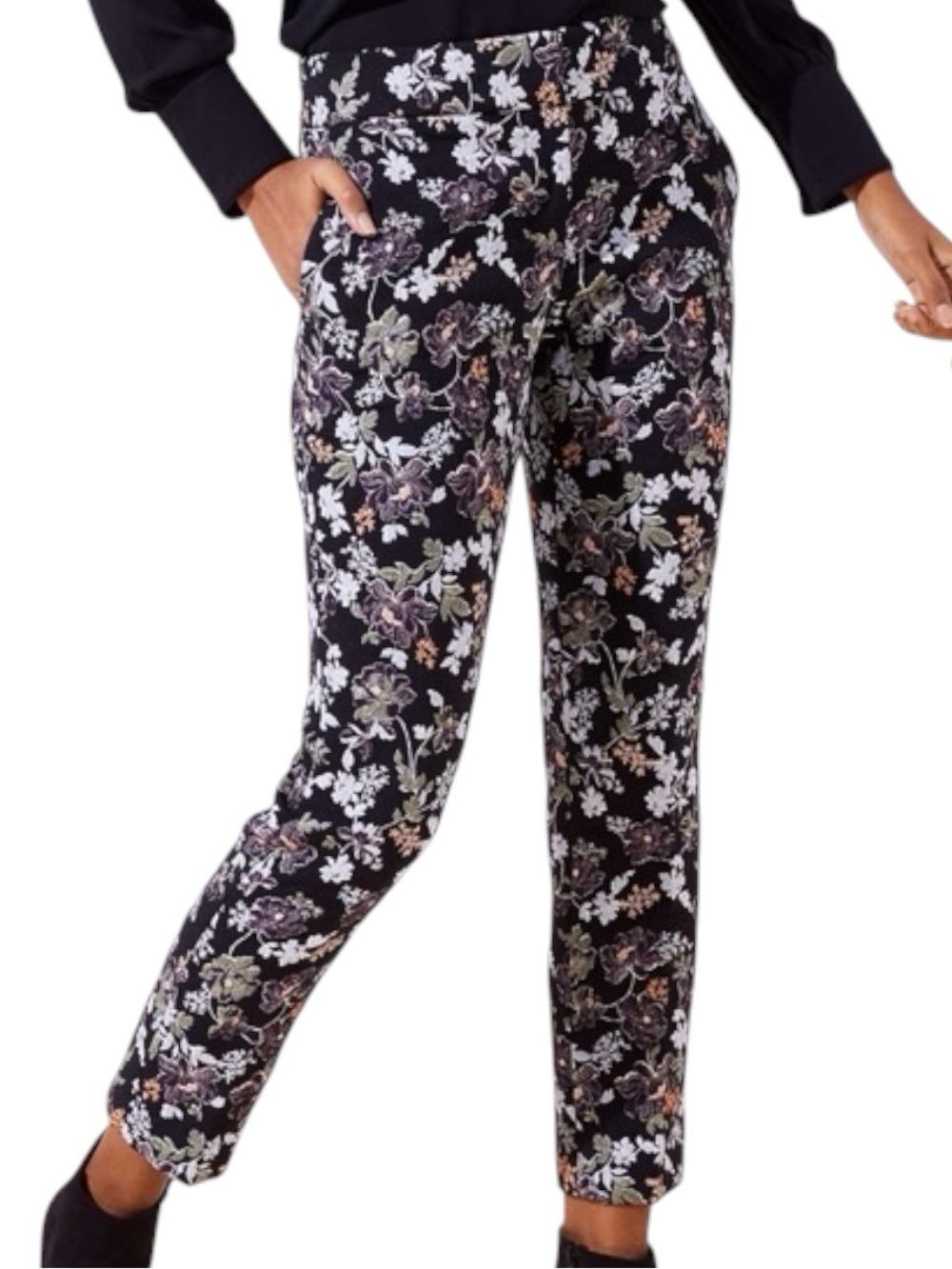 Loft Marisa Slim Black Jacquard Floral Embroidered Brocade Ankle Pants size 8